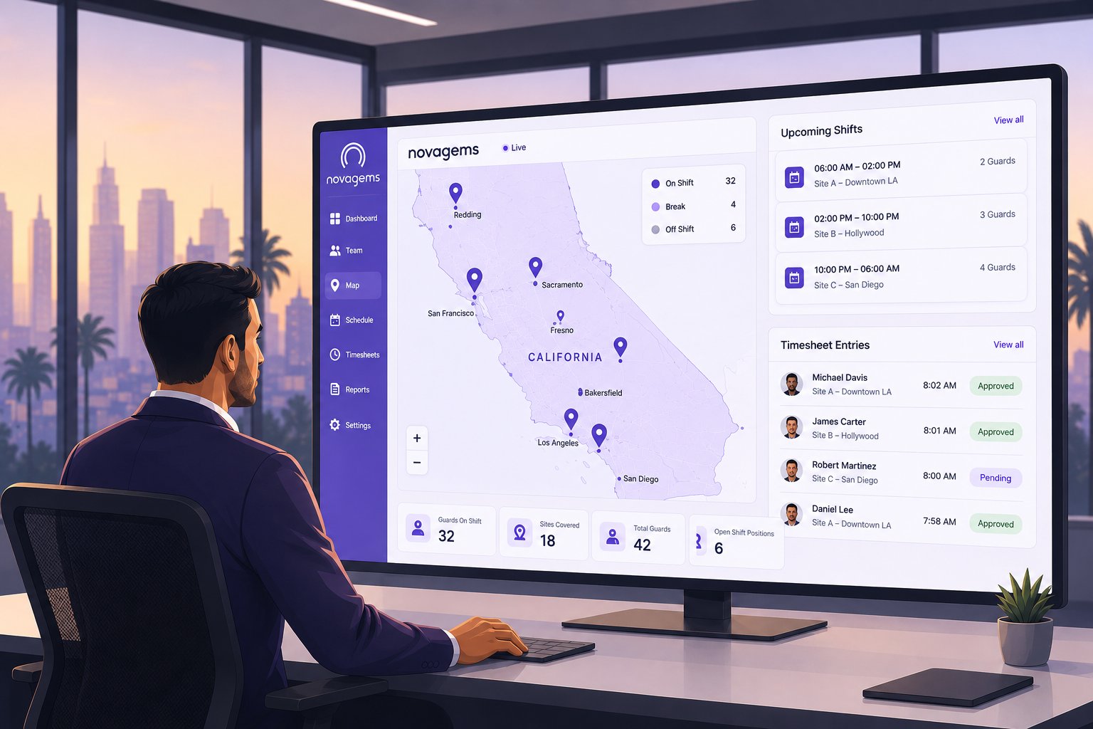 Novagems live dashboard showing on-shift guards across California sites — San Francisco, Sacramento, Los Angeles, San Diego