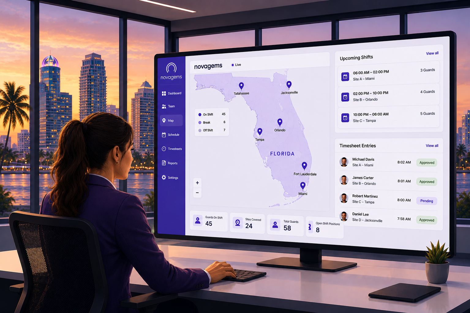 Novagems live dashboard showing on-shift guards across Florida sites — Miami, Orlando, Tampa, Jacksonville, Fort Lauderdale