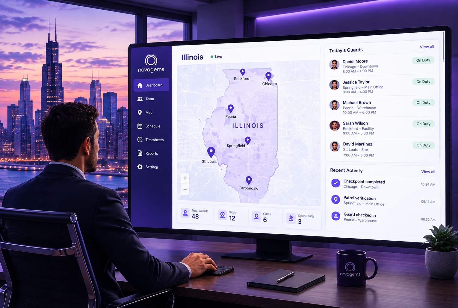 Novagems live dashboard showing on-shift guards across Illinois sites in Chicago, Rockford, Peoria, Springfield and Carbondale
