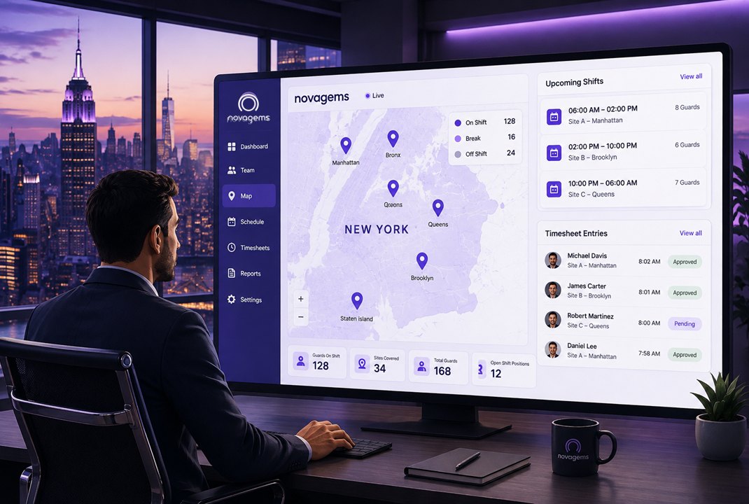 Novagems live dashboard showing on-shift guards across New York sites β New York City, Buffalo, Rochester, Albany