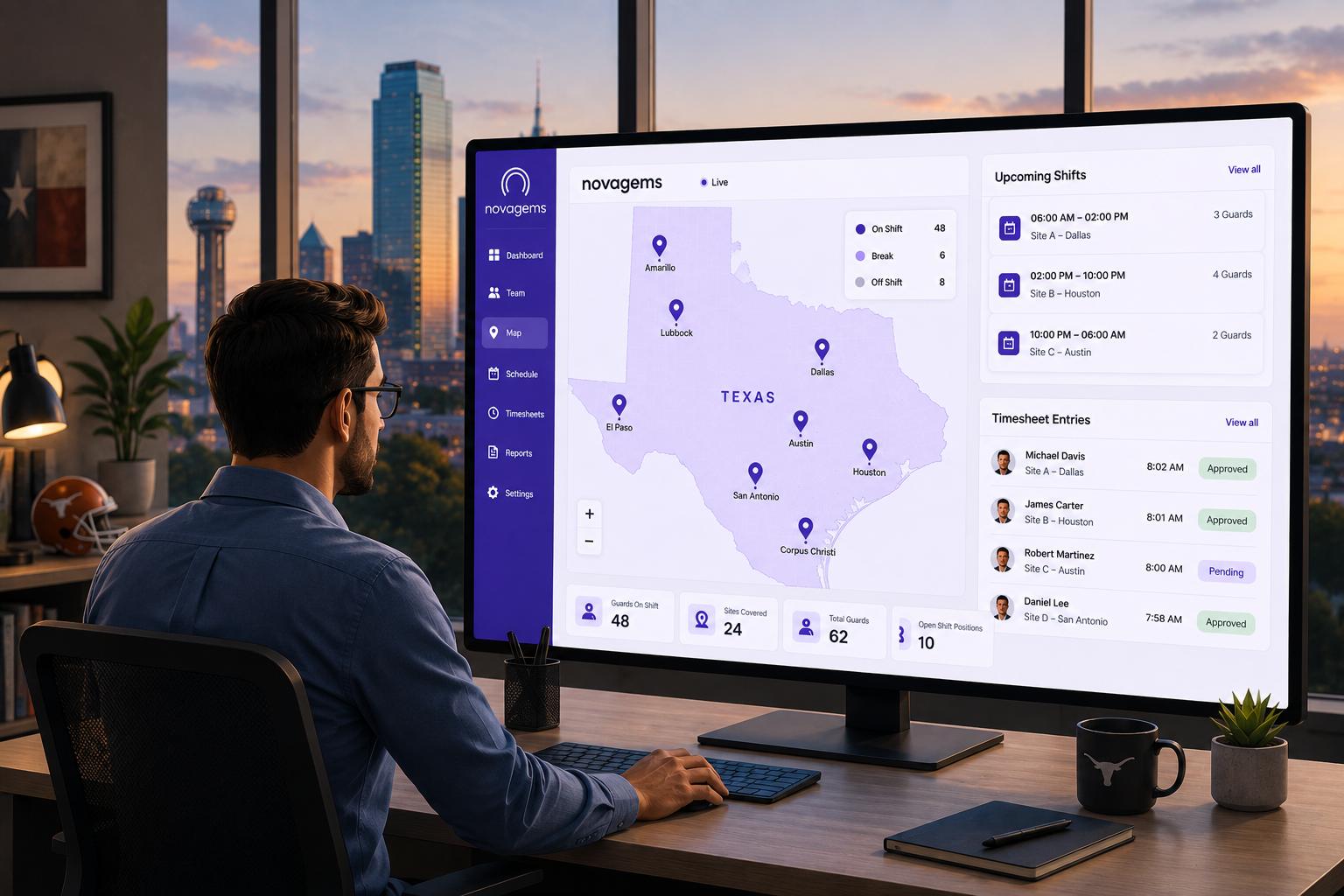 Novagems live dashboard mapping on-shift security guards across Texas β Dallas, Houston, Austin, San Antonio, and El Paso